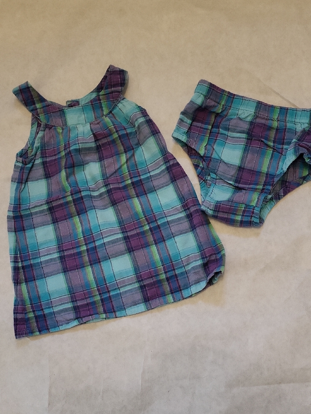 Plaid cotton tank dress and bloomers Set
